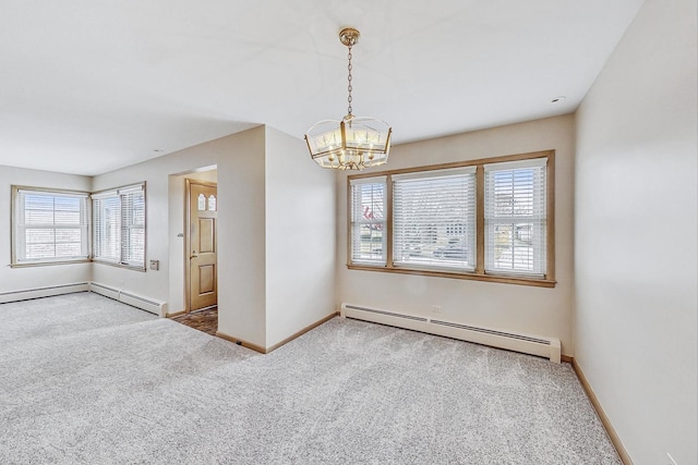 carpeted empty room featuring a baseboard radiator, baseboards, a baseboard heating unit, and a chandelier