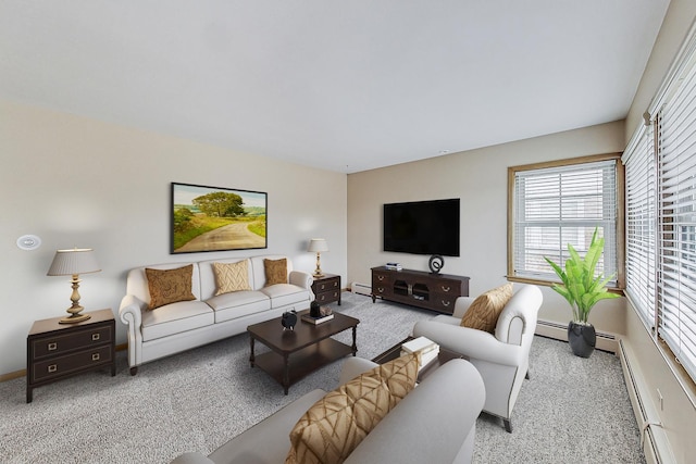 carpeted living room featuring a baseboard heating unit and a baseboard radiator