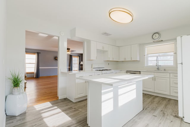 kitchen with stove, a sink, visible vents, light wood-style floors, and freestanding refrigerator