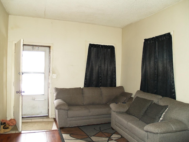 living area with a textured ceiling