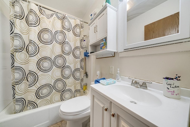 full bathroom featuring shower / bath combo, vanity, and toilet