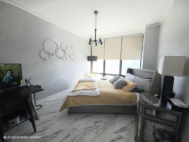 bedroom featuring expansive windows, marble finish floor, crown molding, and baseboards