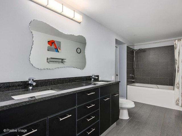 full bath with a sink, shower / bathtub combination with curtain, double vanity, and toilet