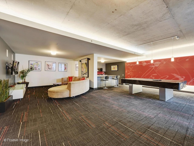 rec room featuring baseboards, carpet flooring, and billiards