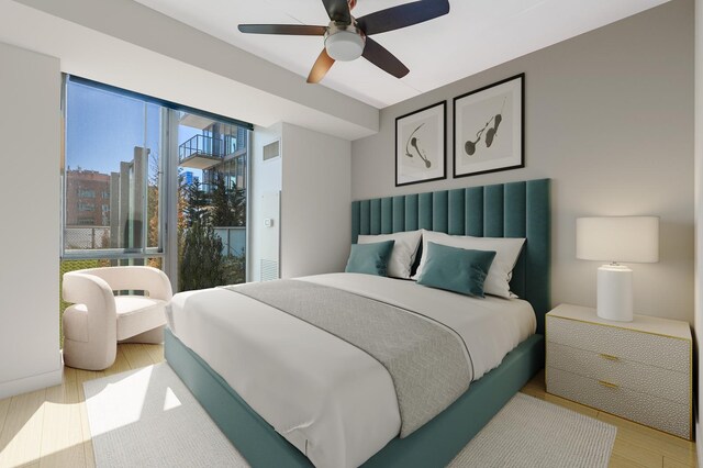 bedroom featuring light wood-type flooring, visible vents, and a ceiling fan