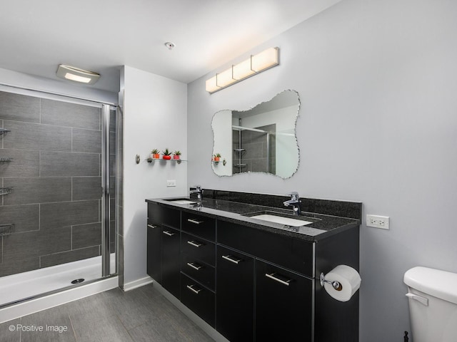 bathroom with double vanity, a shower stall, toilet, and a sink