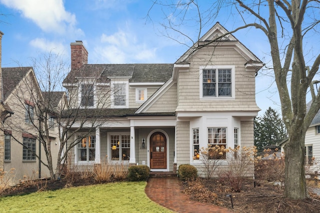 shingle-style home featuring a chimney and a front lawn