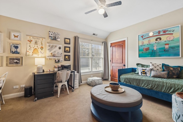 bedroom with baseboards, visible vents, a ceiling fan, light colored carpet, and vaulted ceiling