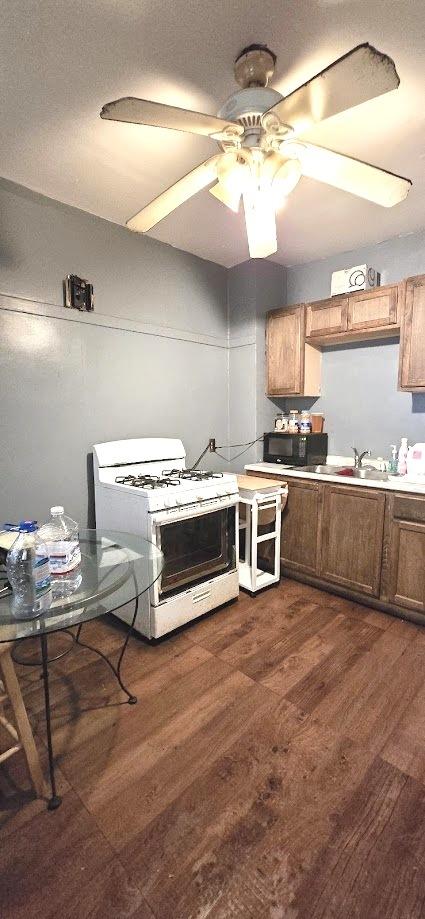 kitchen featuring white range with gas stovetop, dark wood finished floors, a ceiling fan, brown cabinets, and a sink