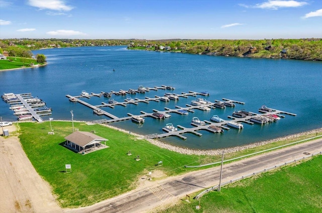 bird's eye view with a water view