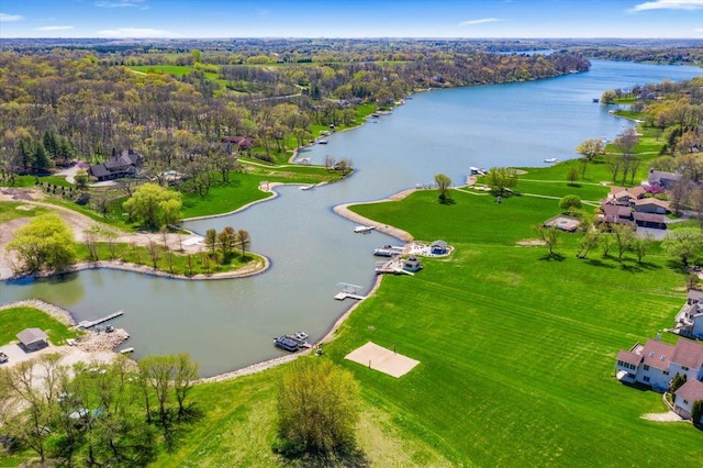 birds eye view of property featuring a water view and a forest view