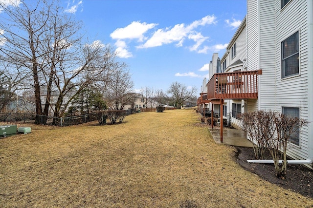 view of yard featuring fence, a patio, and a wooden deck