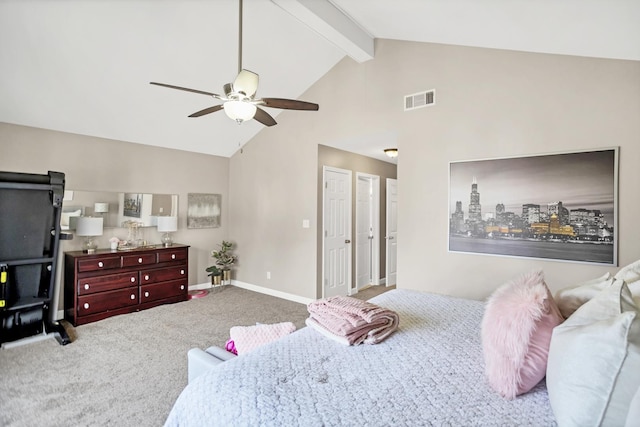 bedroom featuring beam ceiling, visible vents, carpet flooring, ceiling fan, and baseboards