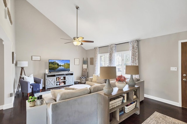 living area featuring dark wood-style floors, ceiling fan, high vaulted ceiling, and baseboards