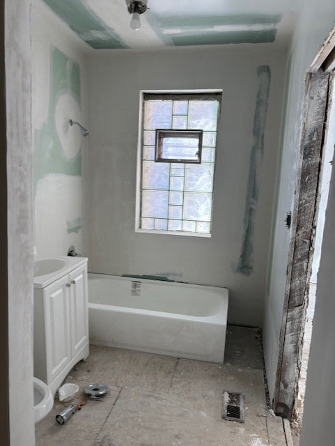 full bath with bathtub / shower combination, visible vents, and vanity