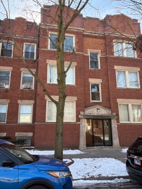 view of snow covered building