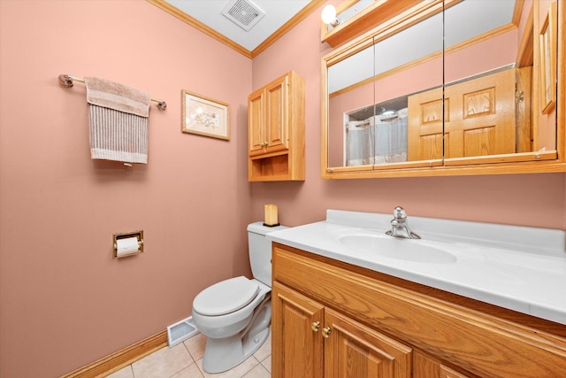 bathroom with tile patterned flooring, visible vents, crown molding, and toilet