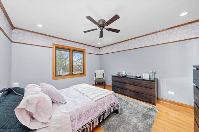 bedroom featuring wallpapered walls, crown molding, wood finished floors, and recessed lighting