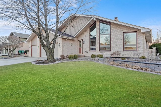 mid-century modern home with concrete driveway, a chimney, an attached garage, a front lawn, and brick siding