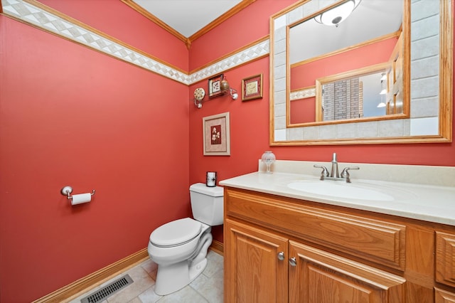 half bathroom with visible vents, baseboards, toilet, tile patterned flooring, and vanity