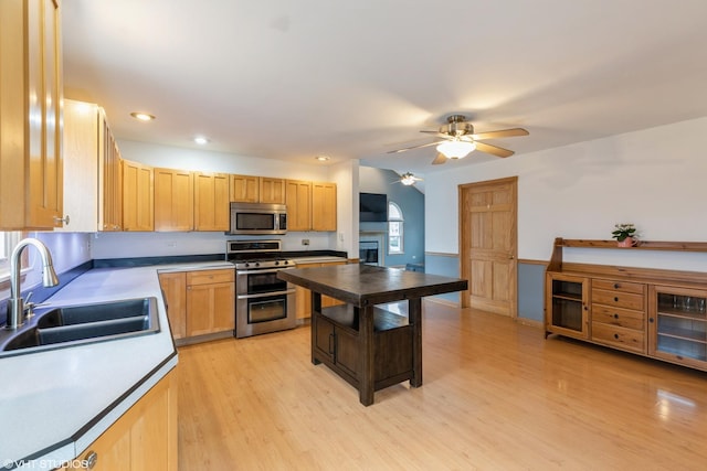 kitchen featuring appliances with stainless steel finishes, light wood-style floors, a fireplace, and a sink