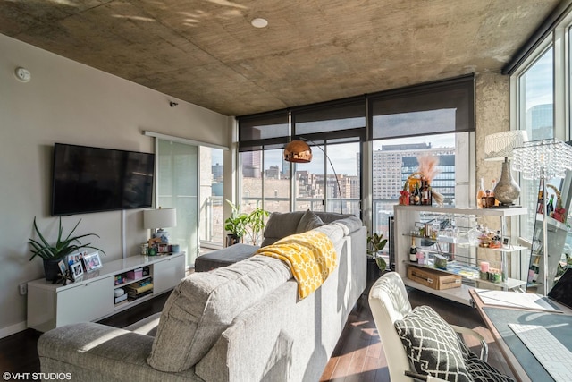 living area featuring a wall of windows, plenty of natural light, wood finished floors, and baseboards