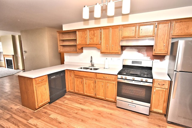 kitchen with open shelves, light countertops, appliances with stainless steel finishes, a sink, and under cabinet range hood