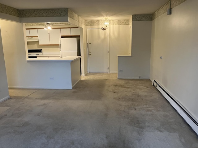 kitchen featuring electric range, freestanding refrigerator, baseboard heating, light countertops, and under cabinet range hood