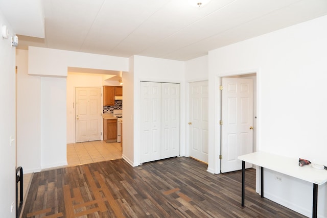 interior space with dark wood finished floors and a closet