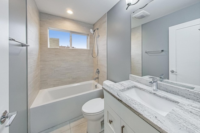 bathroom featuring tile patterned flooring, toilet, bathtub / shower combination, vanity, and visible vents