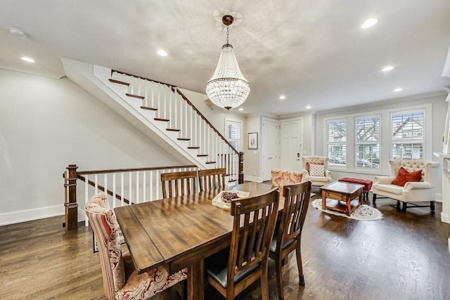 dining area featuring dark wood-style floors, recessed lighting, stairway, and baseboards