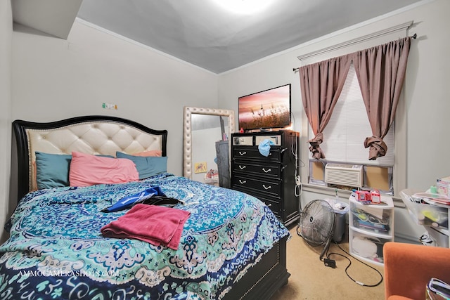 carpeted bedroom with cooling unit and crown molding