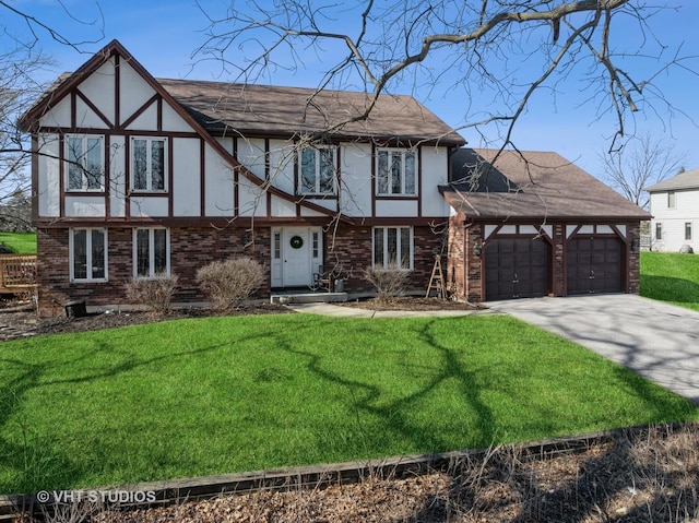 tudor house featuring brick siding, stucco siding, and a front yard