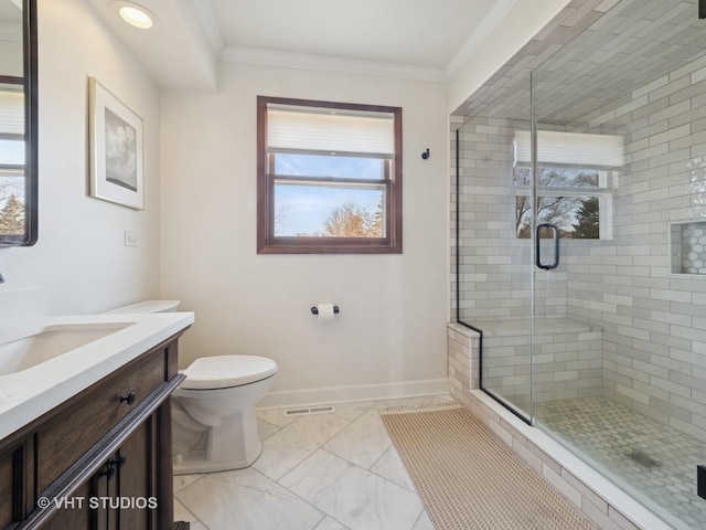 bathroom with visible vents, a shower stall, baseboards, and ornamental molding