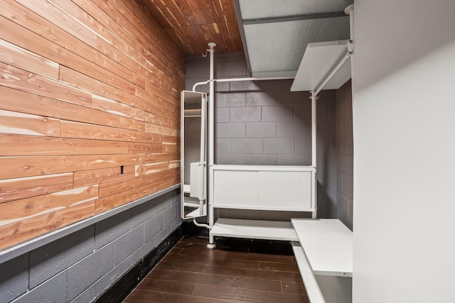 interior space with wooden walls, dark wood-type flooring, wood ceiling, and concrete block wall