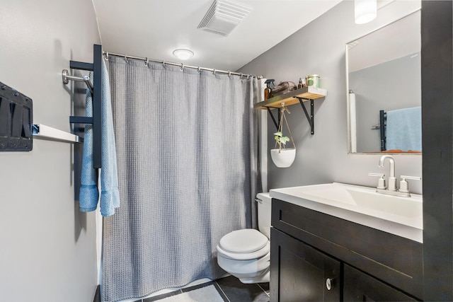 bathroom featuring vanity, visible vents, tile patterned flooring, curtained shower, and toilet