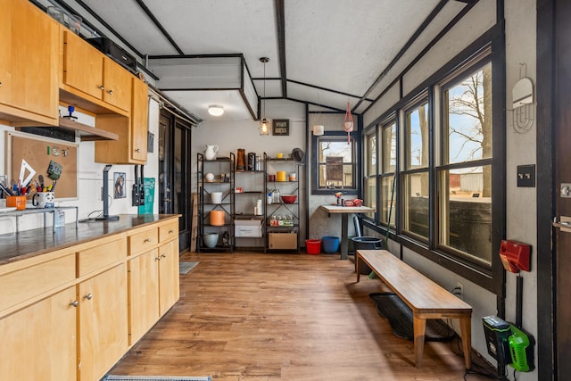 interior space featuring light wood-type flooring, dark countertops, light brown cabinetry, and vaulted ceiling