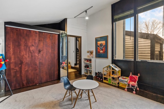 game room featuring track lighting, lofted ceiling, and carpet floors