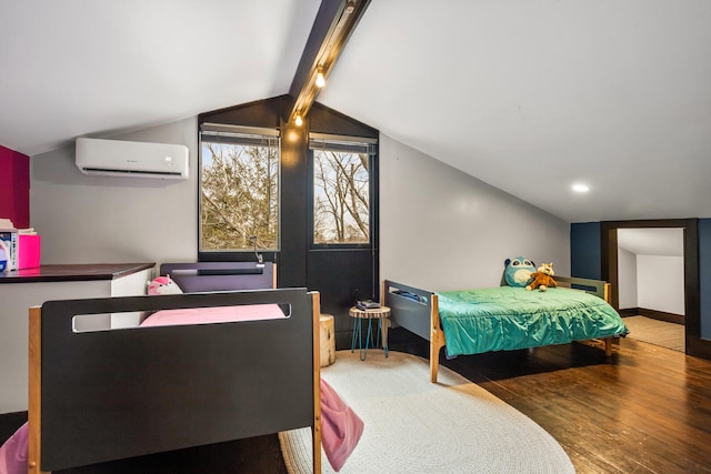 bedroom featuring vaulted ceiling with beams, wood finished floors, baseboards, and a wall mounted air conditioner