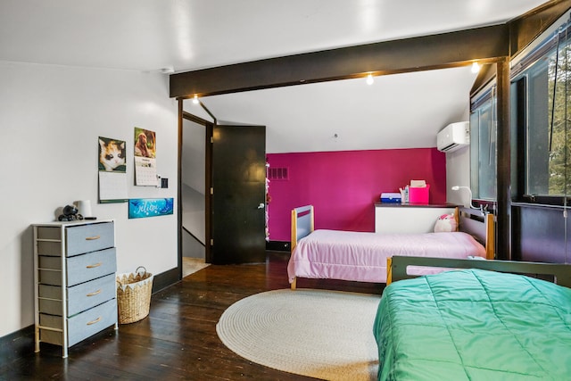 bedroom featuring baseboards, visible vents, a wall mounted AC, lofted ceiling with beams, and hardwood / wood-style flooring