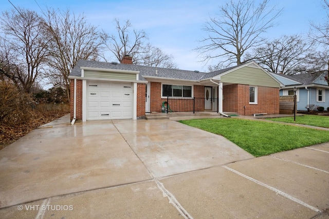 ranch-style home featuring an attached garage, brick siding, concrete driveway, a chimney, and a front yard