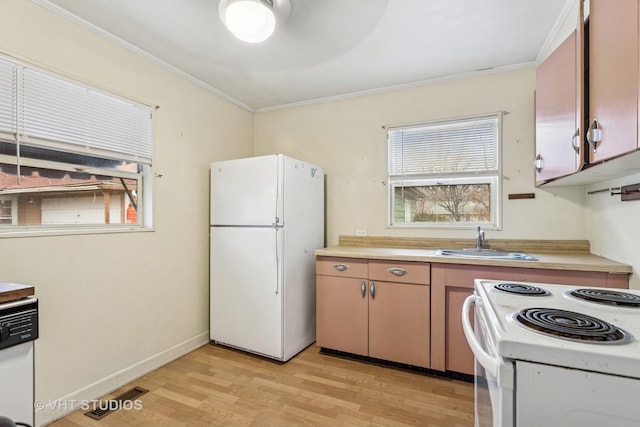 kitchen featuring white appliances, crown molding, light countertops, and a sink