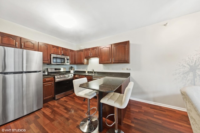 kitchen with dark wood-style floors, stainless steel appliances, dark countertops, and a sink