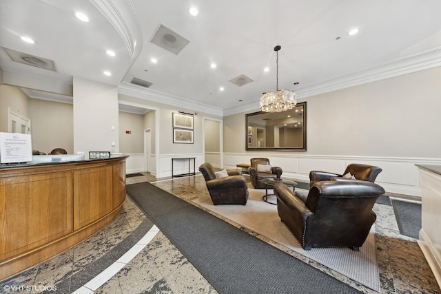 reception featuring visible vents, a fireplace, and a notable chandelier