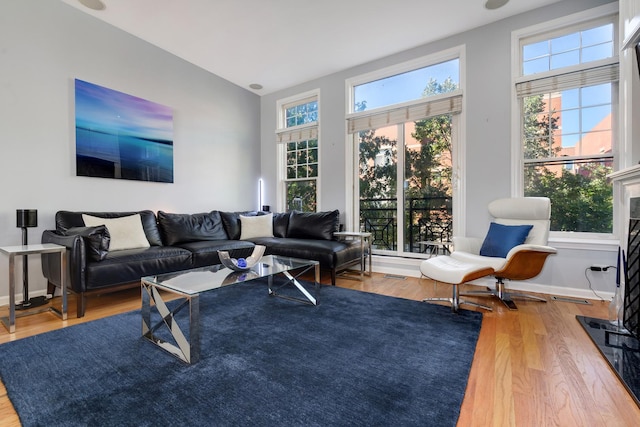 living room with vaulted ceiling, baseboards, and wood finished floors