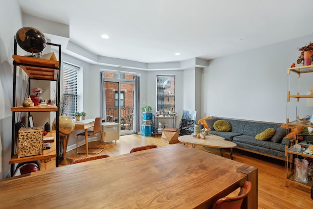 interior space featuring wood finished floors and recessed lighting