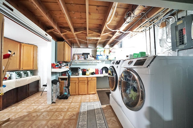 laundry room with electric panel, cabinet space, and washing machine and clothes dryer