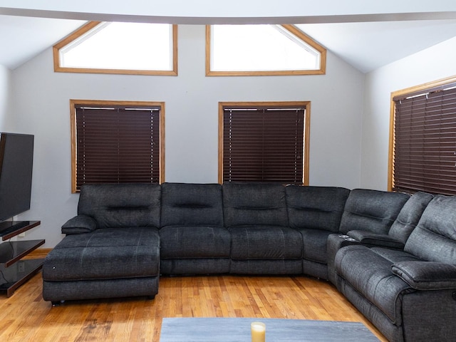 living area featuring vaulted ceiling and wood finished floors