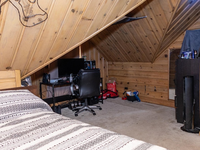 bedroom with carpet floors, wooden walls, and vaulted ceiling