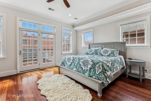 1307 W Wellington Ave, Chicago, IL 60657 - bedroom with ornamental molding, access to outside, wood finished floors, baseboards, and ceiling fan